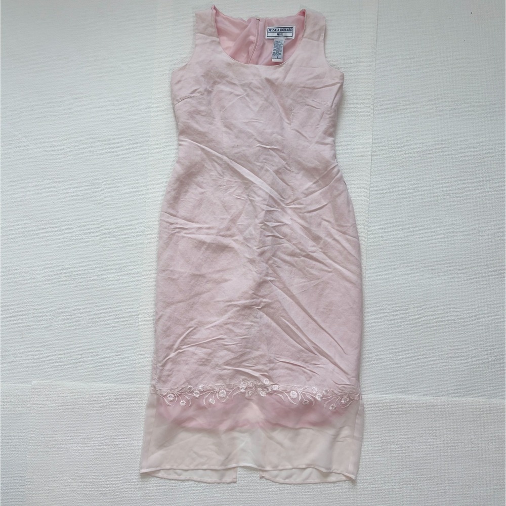 Jessica Howard Vintage Sleeveless Linen Blend Floral Hem Dress 6 Petite Pink - Picture 2 of 12